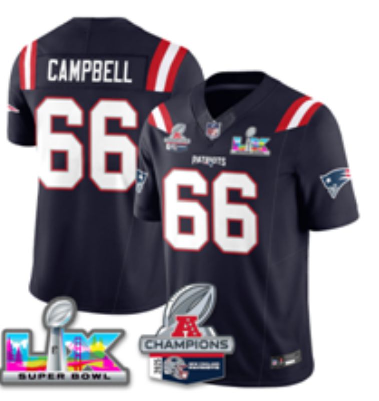 Men 2026 New England Patriots #66 Campbell Blue Super Bowl Nike Limited NFL Jersey style 01